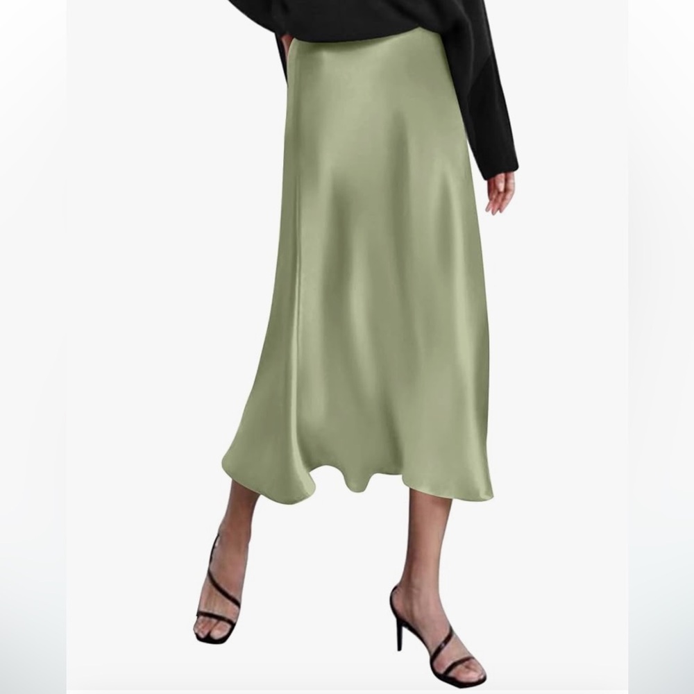 Satin Skirts Casual Silk Midi Skirt High Waisted